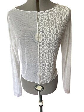 Selfie White Long Sleeve Contrast Sheer Lace & Mesh Top XL (Juniors) RUNS SMALL